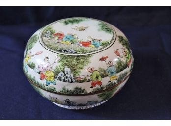 Vintage Chinese Pictorial Porcelain Lidded Bowl, Enameled Metal Probably, 3.5 Tall X 6in D
