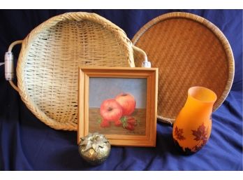 Framed Original By E Thompson 1965 10 X 10, One Fall Vase, 21 In Wooden Basket