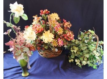3 Silk Flower Arrangements, 1 In Vase 24 In, Flowered One In Nice Basket -Ivy In Basket 14 Inch Tall
