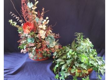 2 Silk Flower Arrangements -24 In In Red And Green Basket-ivy In 13 In Diam Basket