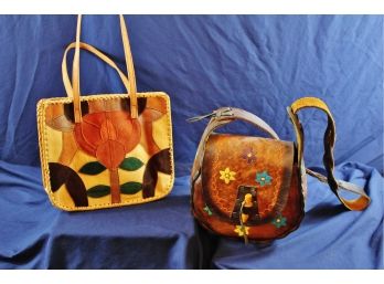Two Leather Vintage Purses Square One Is Gaitan From Mexico 11 Inch Wide And-tooled Leather 9 Inch Wide