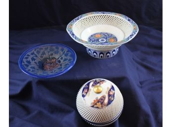 3 Piece Glassware Two Are Japanese Porcelain Lattice Work In Cobalt Blue - See Description