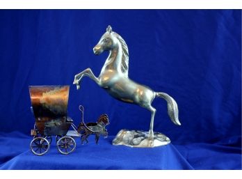 Brass Horse 10.25 X 9.25, Vintage Brass Horse And Wagon Music Box, 5.5 HX 6.25 L X 2.25 W