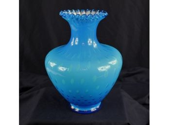 Fenton Art Glass Opaque- Blue Overlay Bubble Optic Vase- 11.5 In Tall