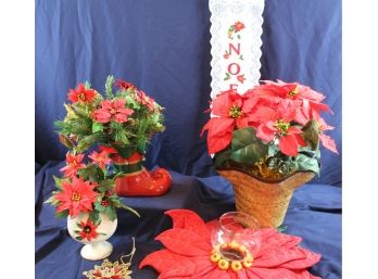 Poinsettia Lot - Ceramic Boot 12 In, Ornament, 26in Noel Wall, Fabric Candle Holder 17 In Diam, Napco Planter