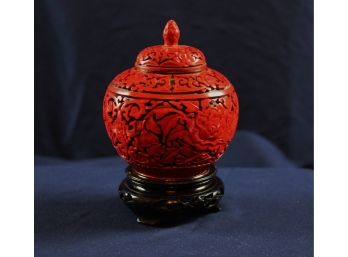 Chinese Cinnabar Ginger Jar On Stand - 5 In Tall On Stand
