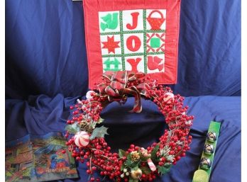 Christmas Lot - 17 In Wreath, Joy Quilted Wall Hanging 18 X 18, Door Bell Hanger, 11 X 11.5 Nativity Cloth