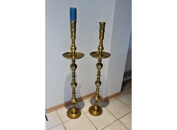 Two Large Brass Candle Stands - 51 In Tall Without Candle