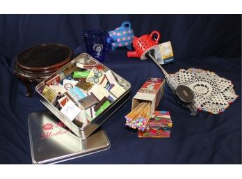 Miscellaneous Lot - Matches From All Over The World, 9.5 In Plant Stand, Shirley Temple Blue Glass