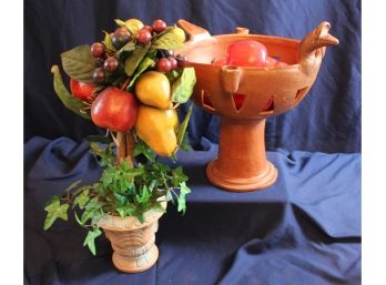 Terracotta Pot With Fruit Tree 17 In Tall, Terracotta Pedestal Bowl With Apples 13 In Tall
