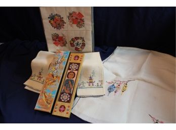 Japanese Lot - Two Linen Hand Towels, 1 Runner 52 X 17, Box Of Incense, Box Of Napkins- Some Stains Linen