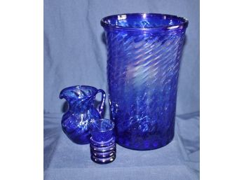 3 Piece Cobalt Swirl Glass, Possibly Hand Blown Because Of Imperfections- See Description