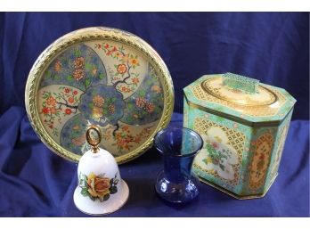 2 Floral Tins - 1970s Holland Round 8 In, Vintage Octagon 6 In Tall, 4 Inch Tall Blue Vase,