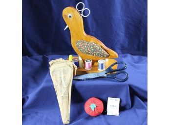 Vintage Wooden Bird Sewing Organizer - Pin Cushion Wings See Description