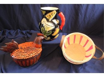 Large Clay Art Hand Painted (salsa) Pitcher 10 In Tall, Chicken With Basket - Carved Details,
