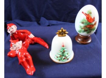 2 Vintage Ceramic Pixie Elves 4 Inch Long, 1984 First Edition Goebel Bell, Avon Cardinal On Stand 4 In Tall