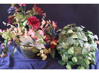 2 Silk Flower Arrangements-Plastic Pot Is Vintage Claybeaters 4qt Mixing Bowl