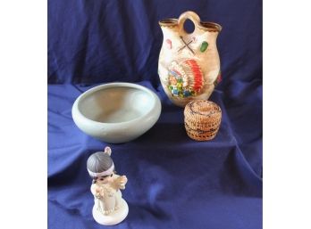 Southwestern Lot - Precious Moments,' Bless Um You ' Figurine, 7 In Diameter And 2.5 Inch Tall Pottery Bowl