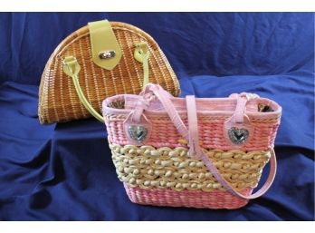 2 Vintage Purses - Wicker Kate Landry Purse 13 In Wide - Pink Braided With Heart Accents 12 Inch Wide