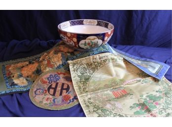 Japanese Tapestries - Blue 16.5 X 8 - Round 10in . Floral 13 X 28 Has Some Damage- See Description