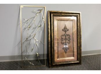 Metal Bird Wall Sculpture 14 X 36 - Framed Medallion Picture, Nice Brown And Bronze Colors 22 X 35