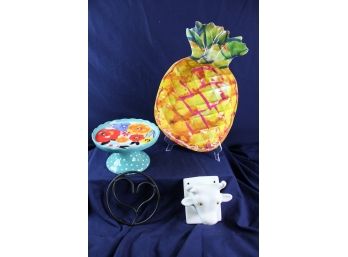 Plastic Pineapple Serving Dish, Ceramic Towel Holder, Heart Trivet, See Description