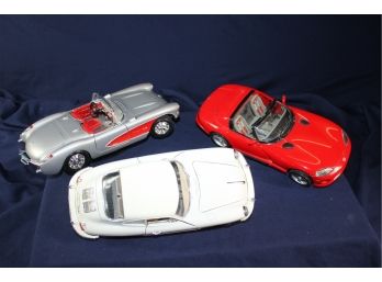 3 Burago Diecast Cars- Red Viper Retro, Silver Chevy Corvette, White Porsche- Missing One Handle