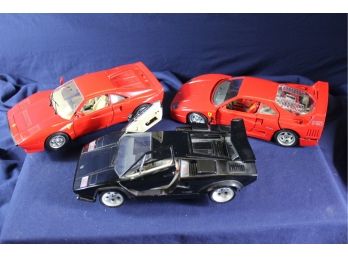 3 Burago Diecast Cars- Red Ferrari, Red GTO, Black Lamborghini- Missing Rear View Mirror & Door Doesn't Shut