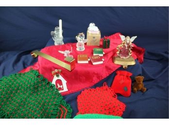 Christmas Miscellaneous Lot - Red Table Runner, Stocking Holder, Potholders, Avon Kitty Ornament