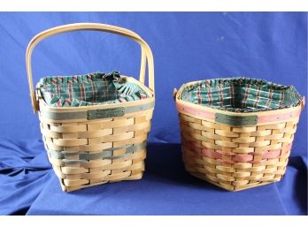 2 Longaberger Baskets With Fabric And Liners - 1995 Christmas Cranberry Basket 8 X 8 X 6.5 Deep