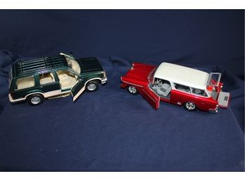 2 Diecast Cars- Green Maisto Ford Explorer, Red And White 1955 Chevy With Cooler In Back