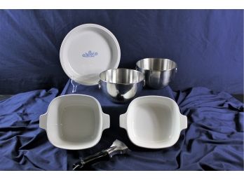 2 Small Farberware Metal Bowls, 3 Piece Vintage Corning, Pie Plate, 2 Casserole Dishes W/ Detachable Handle
