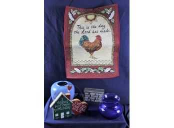 Decorative Items - 2 Blue Vases, Wood Wall Plaque 12.5 X 17 Rooster Hanging