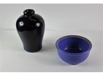 8 Inch Crock Earthenware Glazed Vase And 6.5 In Bowl Crock Earthenware - Has Chip On Side