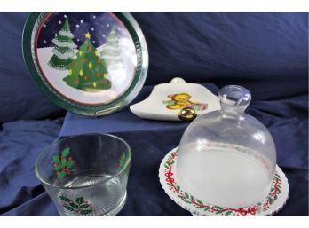Christmas Dishes Lot - Green Tin Plate, Ceramic Bell Plate, 7 In Glass Bowl, 9 In Avon China Dome Glass Plate