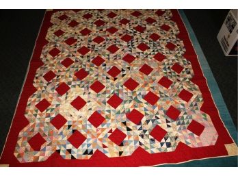 Antique Piece Quilt - Appears To Be Hand-quilted, Nice Condition, Red Border, 6 Ft X 5 Ft,