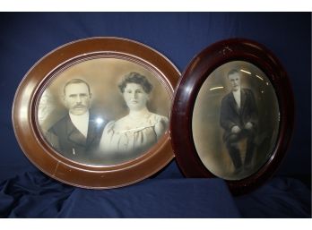 Two Antique Framed Photos With Curved Glass 18.5 X 21 - 1 Brown Frame 1 Black Frame