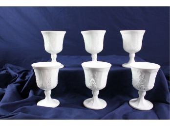 6 Vintage Harvest Grape Pattern Milk White Depression Glass Goblets 5.25 In