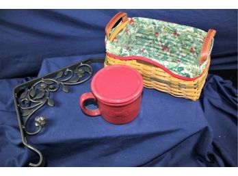 Longaberger Lot- Pottery Coffee Cup With Lid- 4' Diam, 2002 Christmas Collection W/ Fabric& Plastic Liner
