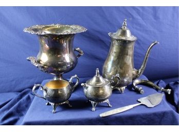 Probably Silver-plated Misc-  Handled Ice Bucket, Pot With Unattached Handle And Broken Legs,