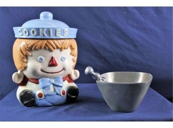 Ceramic Cookie Jar ( Has Chips) 8 Inch Tall, Pewter Bowl With Spreader 5 Inch Diameter