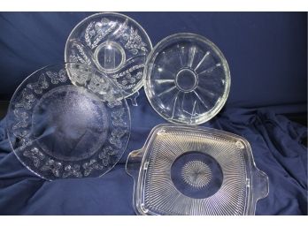 4 Large Glass Serving Platters, 11 In Square, 13 In Butterfly, 11-inch With Nice Lip, 11.5 In Divided Floral