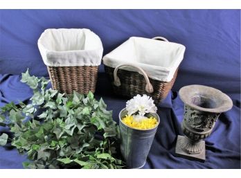 Two Lined Baskets - Tin Vase And A 8 In Vase Plus Some Silk Flowers - 10.5 X 8.5 And 9 X 7.5