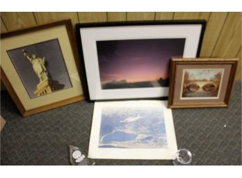 Four Miscellaneous Pieces Of Art - Statue Of Liberty Print 18 X 22 - Nicely Framed Sunset Photo 27.5 X 21.5