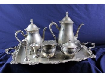 Probably Silver-plated Tray, 2 Pots, Cream And Sugar , Two Candlesticks- Not All Matching