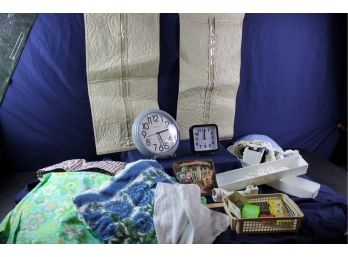Misc. Lot- 2 Clocks, 2 Round Tablecloths (plastic & Fabric) Terry Cloth Tablecloth -rectangle
