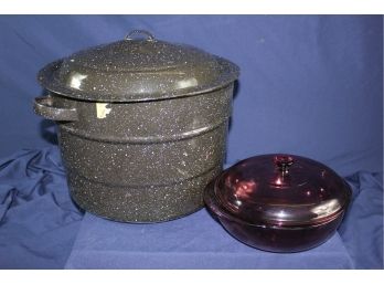 Vintage Canning Pot With Metal Rack - 13 Inch Diameter, Cranberry Glass Dish With Lid 8 Inch Diameter
