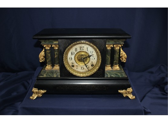 Ingraham Column Black Metal Clock - Circa 1905, Hour And Bell On Half Hour - 8 Day Clock - No Key