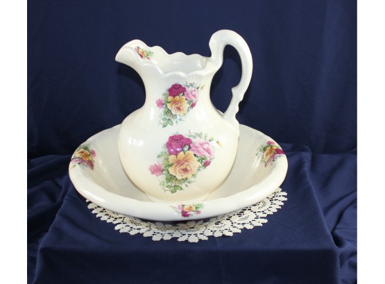 Ceramic Large Bowl And Pitcher - Bowl 16 In Diameter - Beautiful Floral With Doily