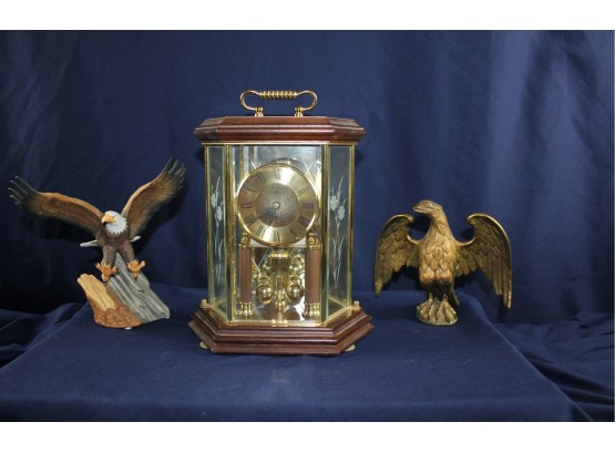 Howard Miller Clock - Floral Design On Glass, Ceramic Eagle, Brass Eagle